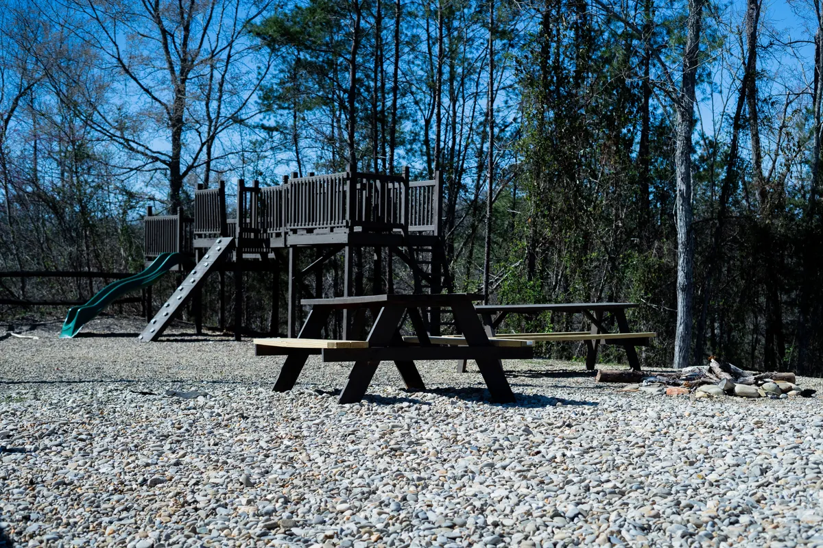 An inviting outdoor playground set surrounded by natural landscaping, picnic tables, and open space. The scene is filled with opportunity for children's play, family picnics, and outdoor gatherings under the sky.