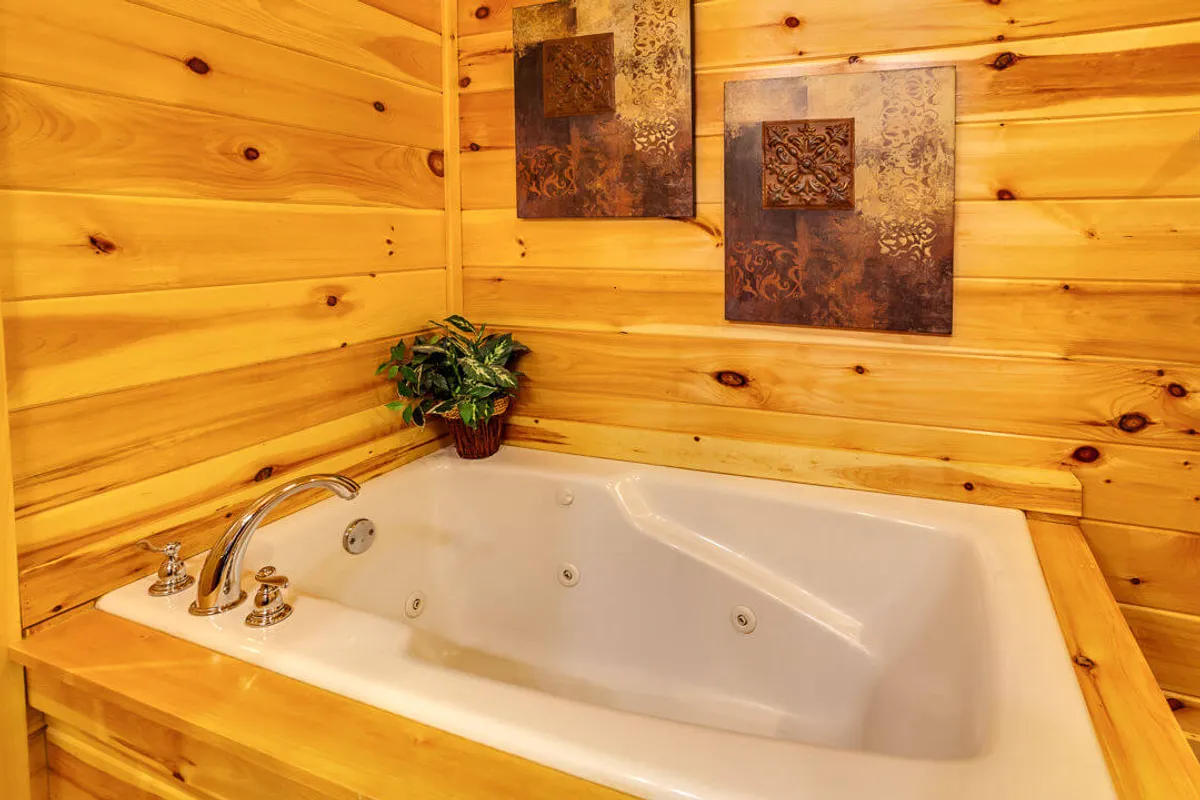 A tranquil ensuite bathroom featuring a jacuzzi tub, decorative wall art, and a potted plant. The space has spa-like ambiance, perfect for soaking and self-care after a day of adventure.