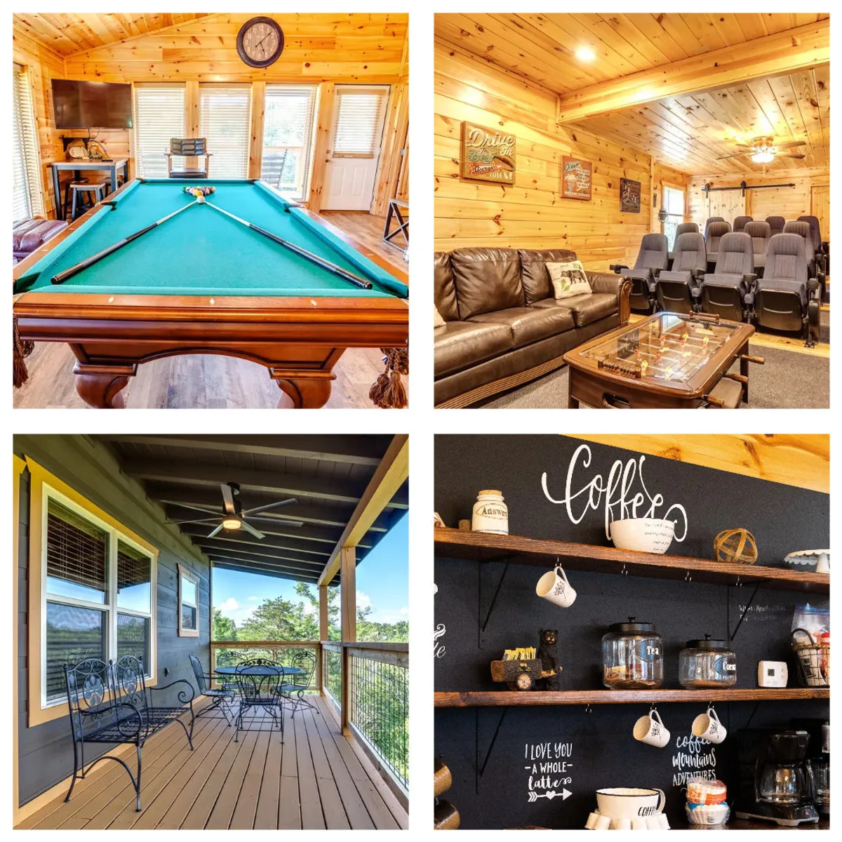 This inviting interior shot features a spacious entertainment area with a pool table, plush home theater seating, a cozy deck with mountain views, and a convenient coffee station. The scene is set for guests to enjoy a mix of fun, relaxation, and connection, all within a warmly lit, wood-accented cabin.